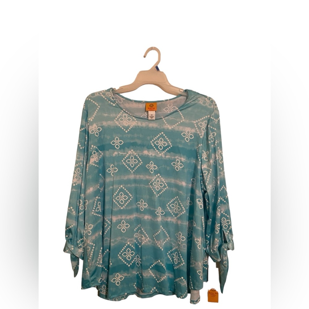 Ruby Rd plus size 2X light blue blouse NWT. Tie knots on bottom long sleeves.